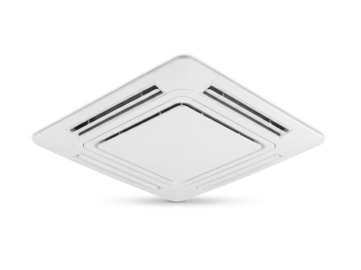 Ar-condicionado tipo cassete de teto, quadrado e branco, com saída de ar nos quatro lados