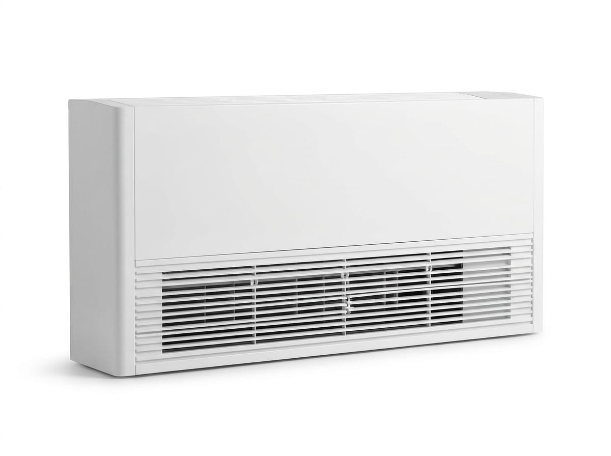 Ar-condicionado tipo piso-teto branco, gabinete horizontal com grelha de saída de ar na frente